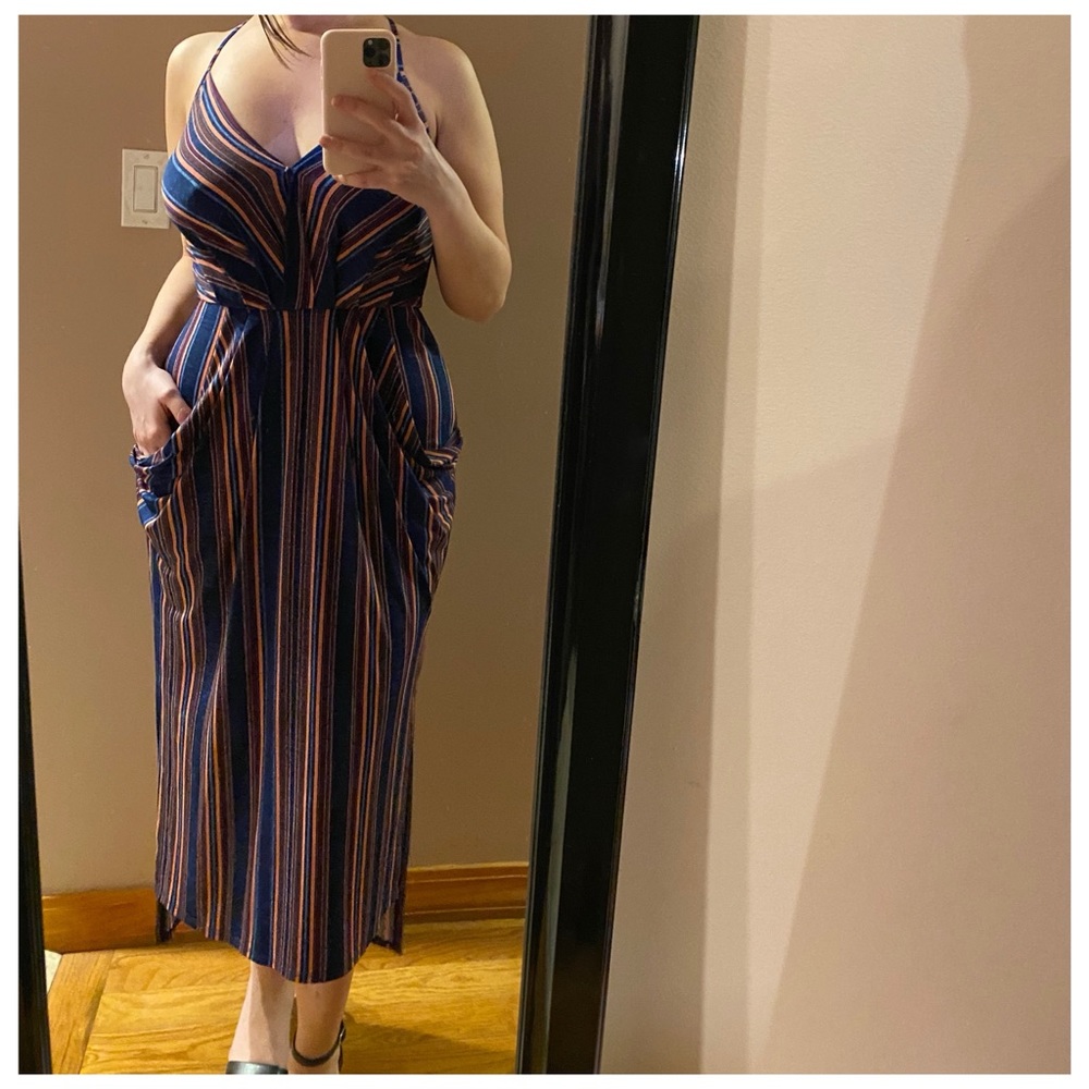 Striped Drape-Front Midi Dress with Pockets